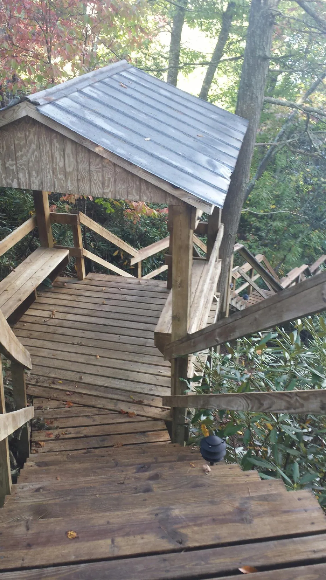 Metal roofed shelter over wooden steps on a wooded walkway — Skylight Repair & Installation work by our crew in O Fallon
